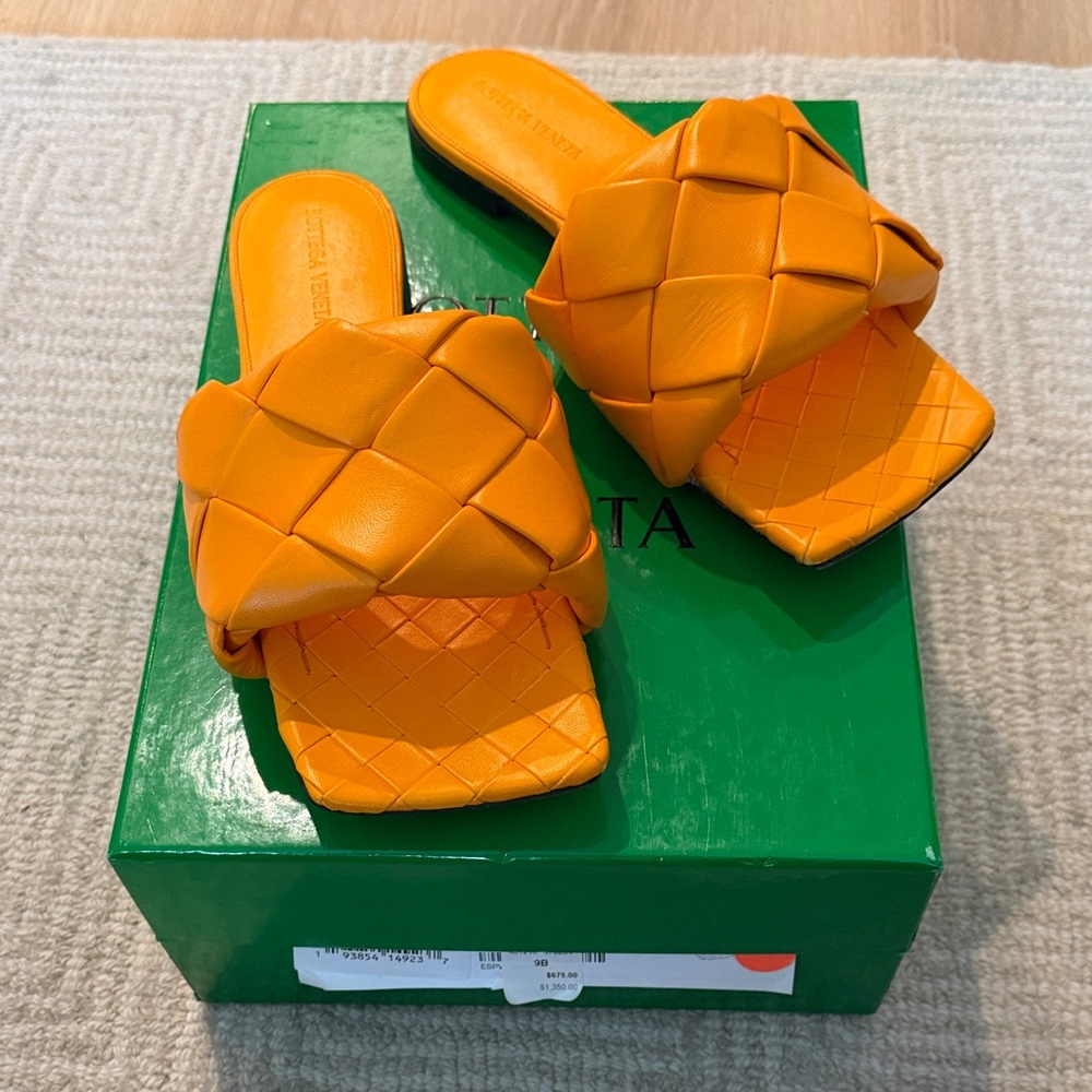 Bottega Veneta Orange Intrecciato Padded Slide Mules